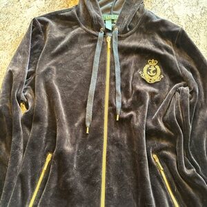 Vintage Ralph Lauren Black Velour Hoodie with Gold Zipper